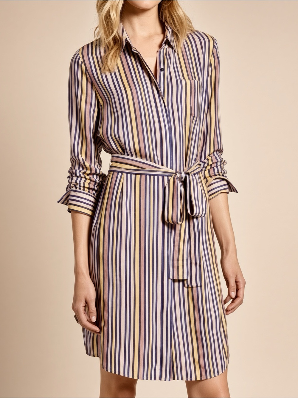 Halogen Vertical Stripe Button-Down Shirt Dress in Yellow, Black & Pink